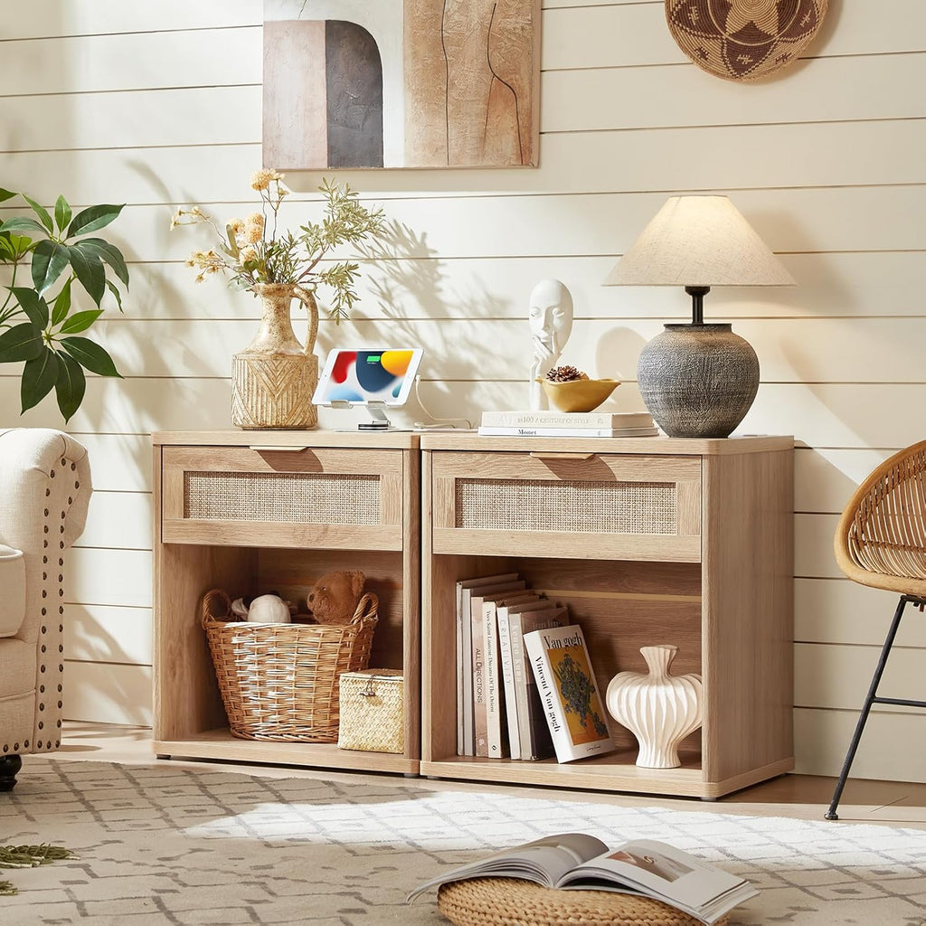 LEYAOYAO Rattan Nightstand with Charging Station, 23" Wide Boho Night Stand with Drawer, Natural