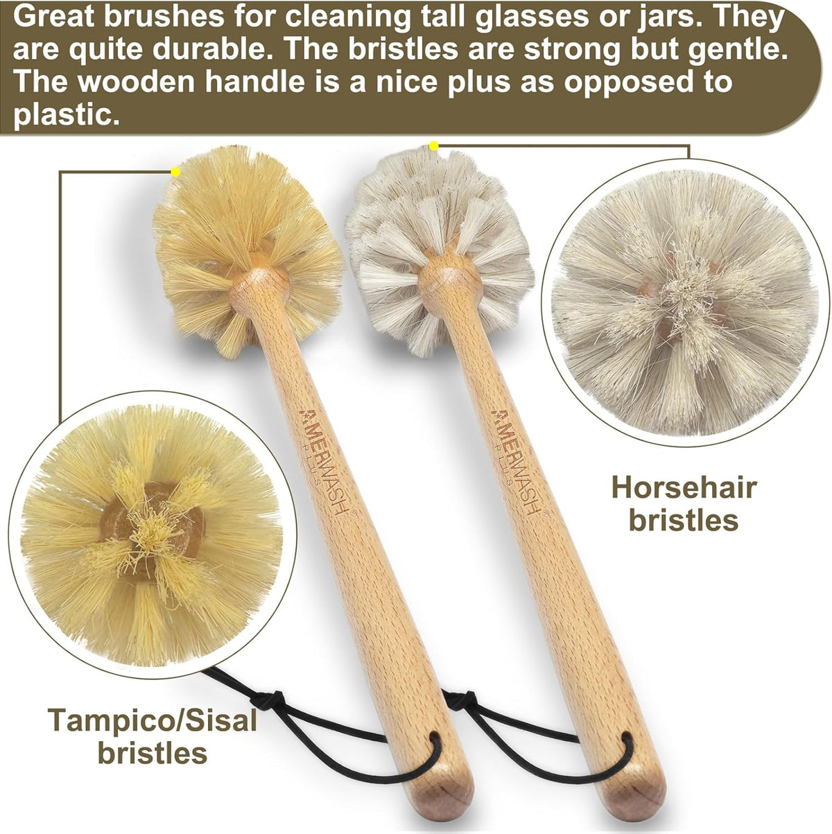 Bottle Brushes with Natural Bristles, 13-3/4 Inch Long Wood Handle Bottle Brush Cleans and Scrubs