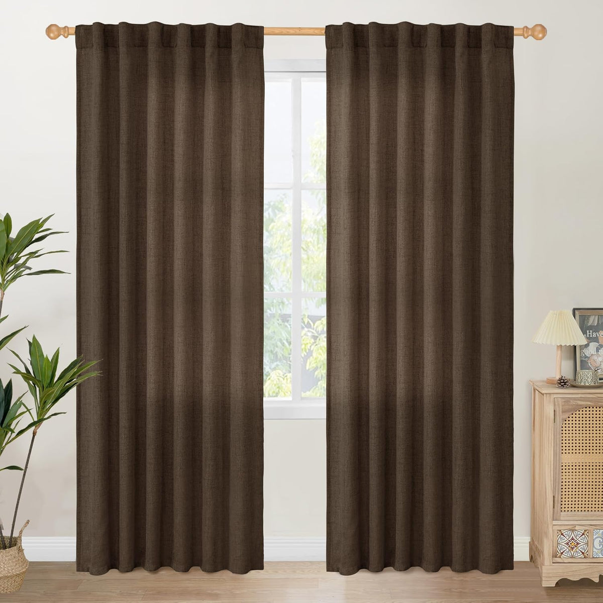 YoungsTex Brown Linen Curtains 84 Inch Length for Living Room, Chocolate Semi Sheer Drapes with
