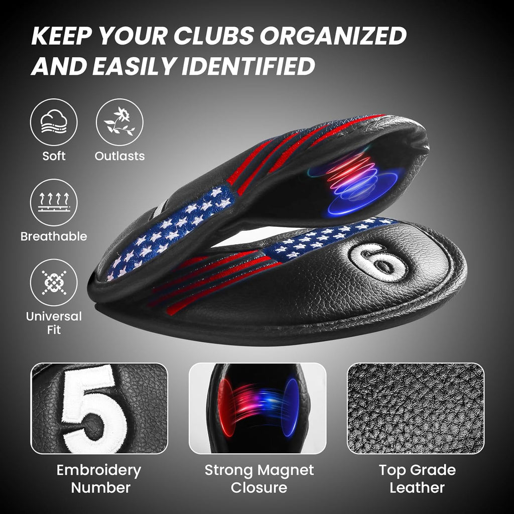 FINGER TEN Golf Club Covers for Irons Magnetic Value 11 Pack, Synthetic Leather Deluxe Head Cover