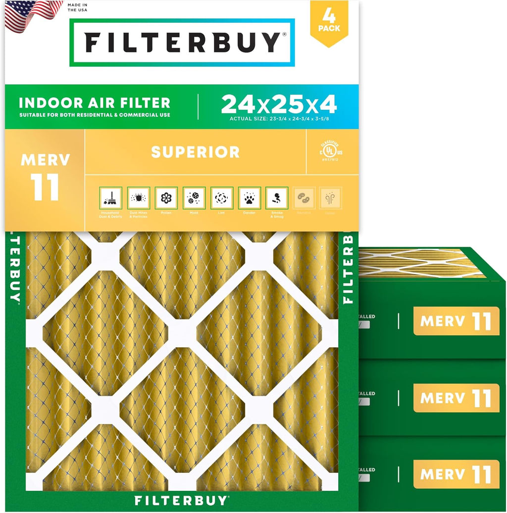 Filterbuy 24x25x4 Air Filter MERV 11 (MPR 1200) Allergen Defense Replacement (4-Pack)