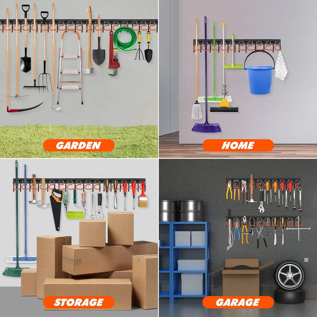 34'' All Metal Garden Tool Organizer Wall Mount Garage Organizers and Storage with Hooks Tool