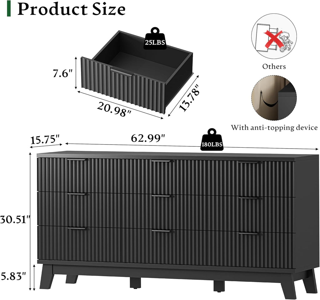 Fluted Dresser with 9 Drawers, 63" Wide Modern Chest of Drawers with Metal Handle, Wooden Dresser