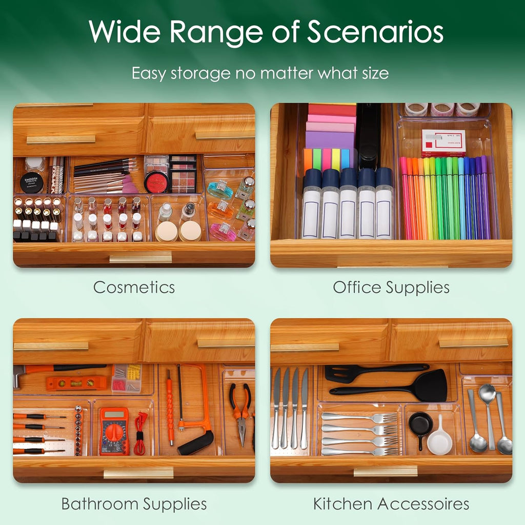 Criusia Drawer Organizer Set, Acrylic Non Slip Non Cracking Kitchen Drawer Storage Tray Large Size