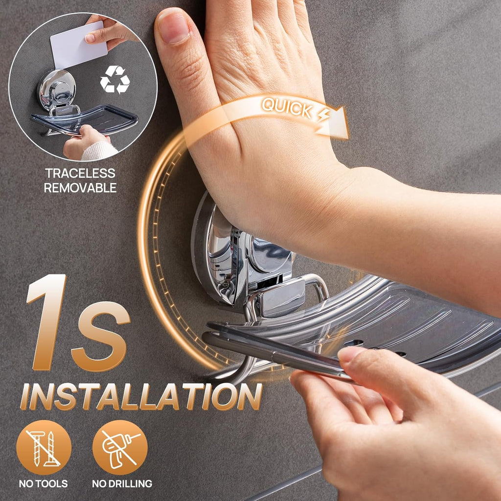 LEVERLOC Chrome Suction Cup Soap Dish Holder for Shower Wall Drill-Free Rustproof Waterproof Wall
