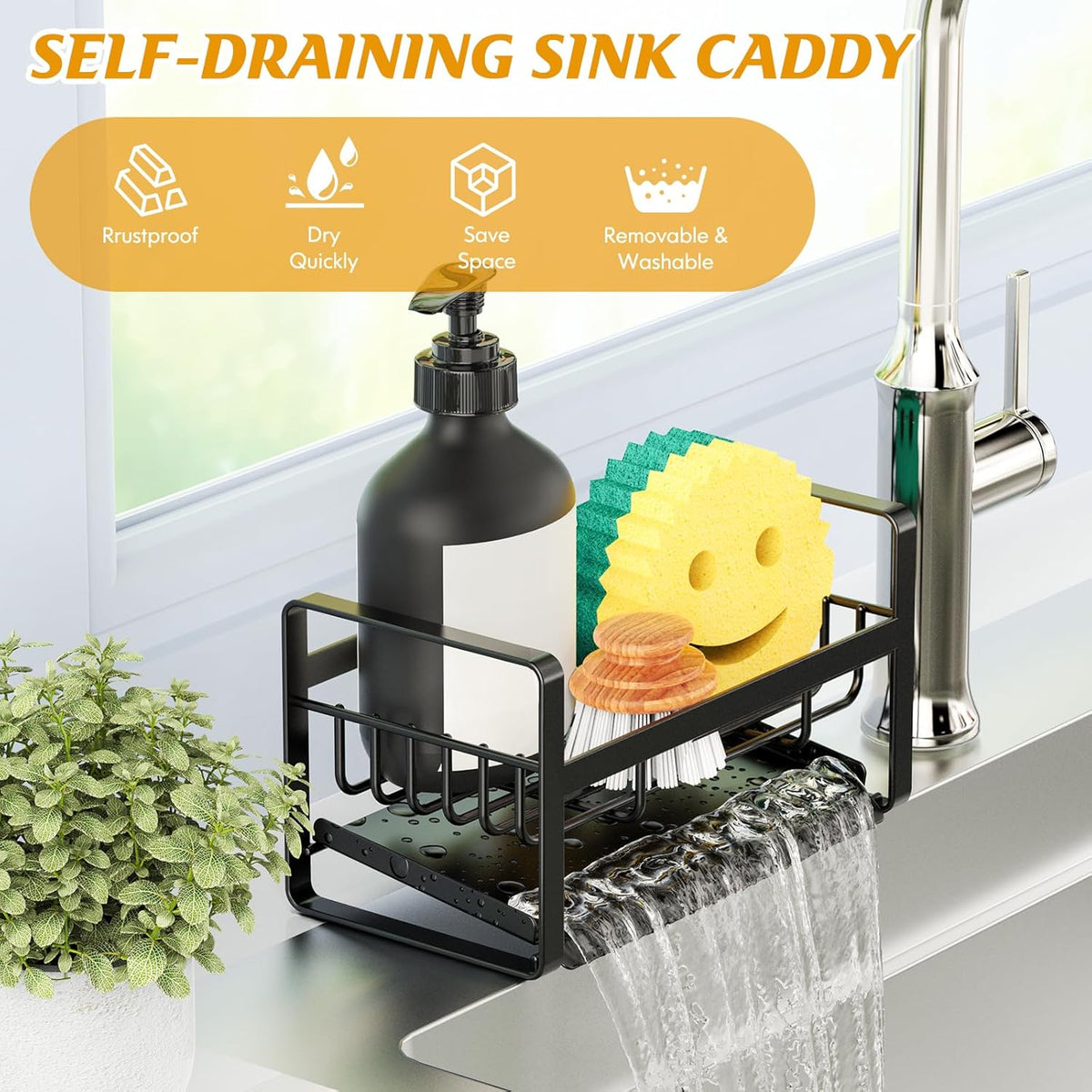 Sponge Holder for Kitchen Sink,Stainless Steel Kitchen Sink Organizer with Auto Draining