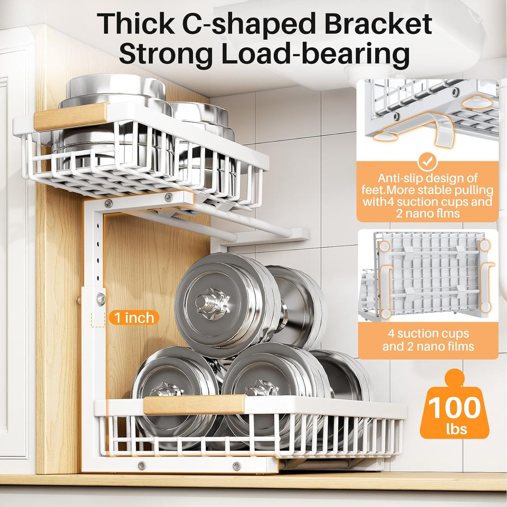 PXRACK 1 Pack Under Sink Organizer,Adjustable Height,2 Tier Pull Out Under Cabinet Organizer,Slide