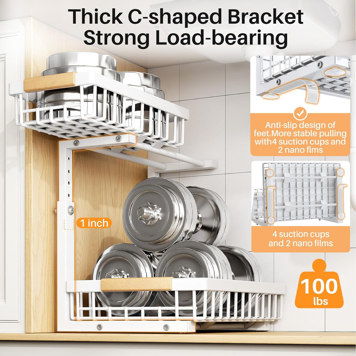 PXRACK 1 Pack Under Sink Organizer,Adjustable Height,2 Tier Pull Out Under Cabinet Organizer,Slide