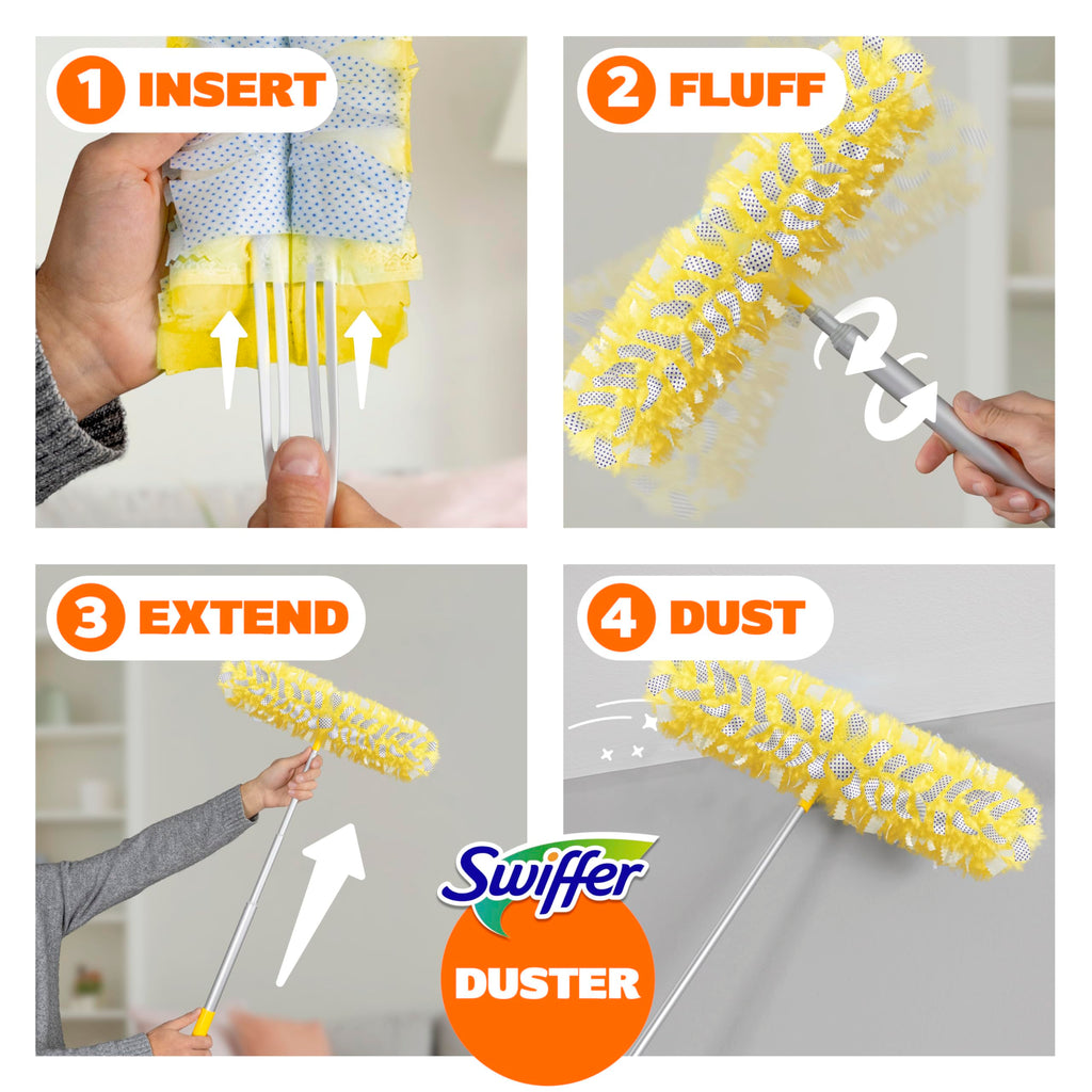 Swiffer Duster Kit with 6 ft Super Extendable Handle, Heavy Duty Starter Kit with 8 Refills, Lemon