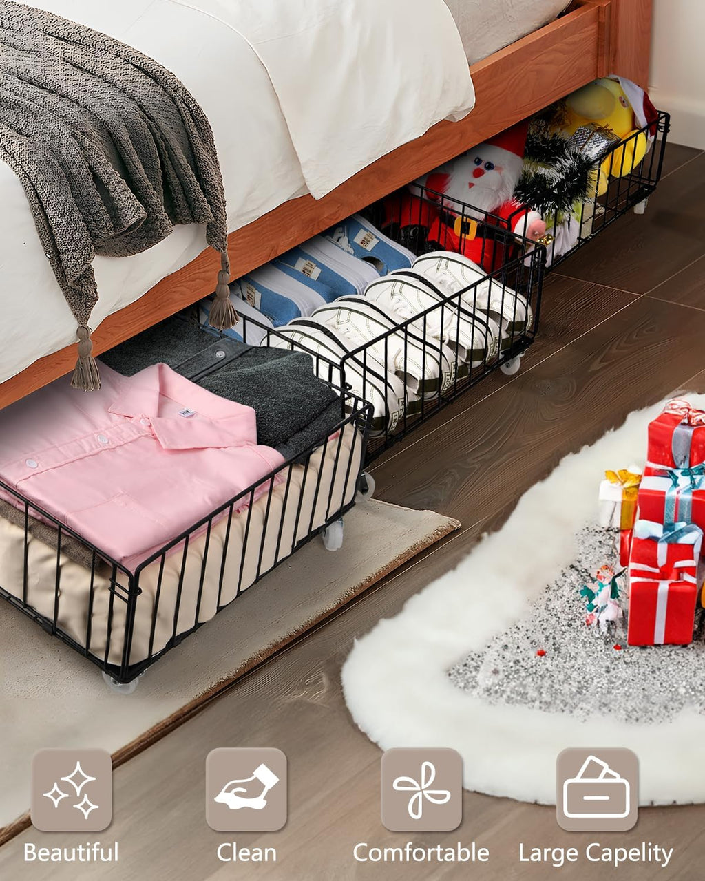 4 Pack Larger Under Bed Storage With Wheels,Rolling Under Bed Drawer,Under Bed Shoes Storage,Open