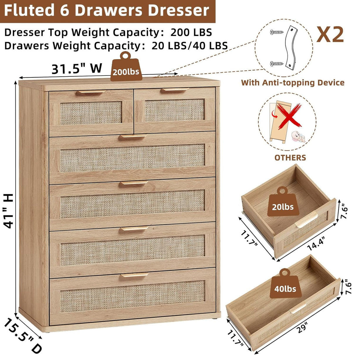 LEYAOYAO Rattan Dresser for Bedroom, 42" Tall Chest of Drawers, Modern 6 Drawers Boho Dressers with