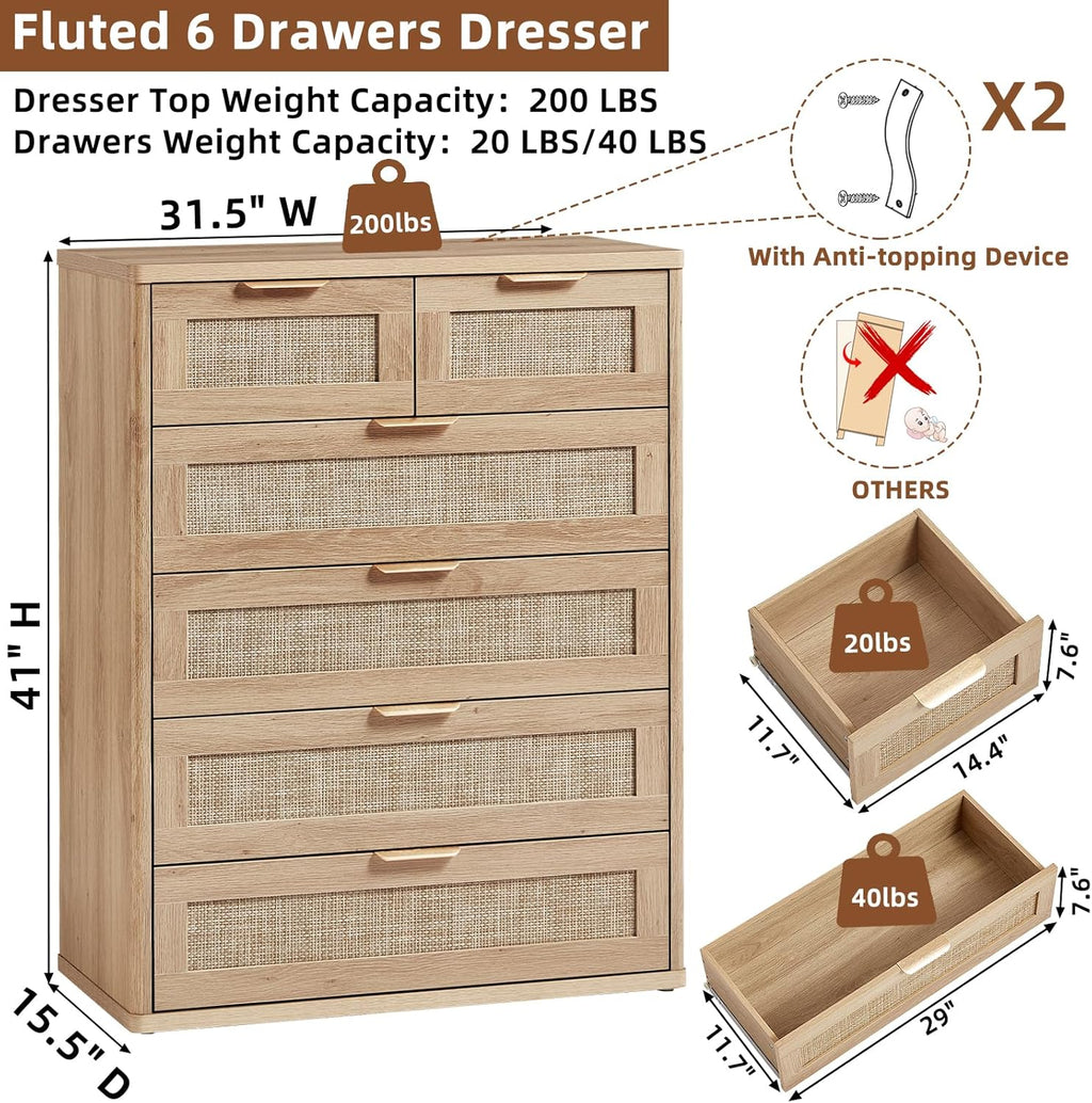 LEYAOYAO Rattan Dresser for Bedroom Set of 2, 42" Tall Chest of Drawers, Modern 6 Drawers Boho