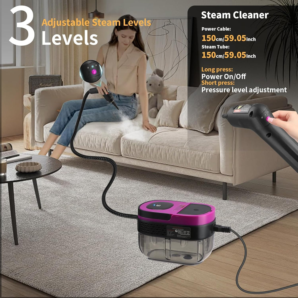 Steam Cleaner, 3-Level Adjustable Handle, 15s Heat-Up, 1.69 Quarts Tank, Portable Steamer for