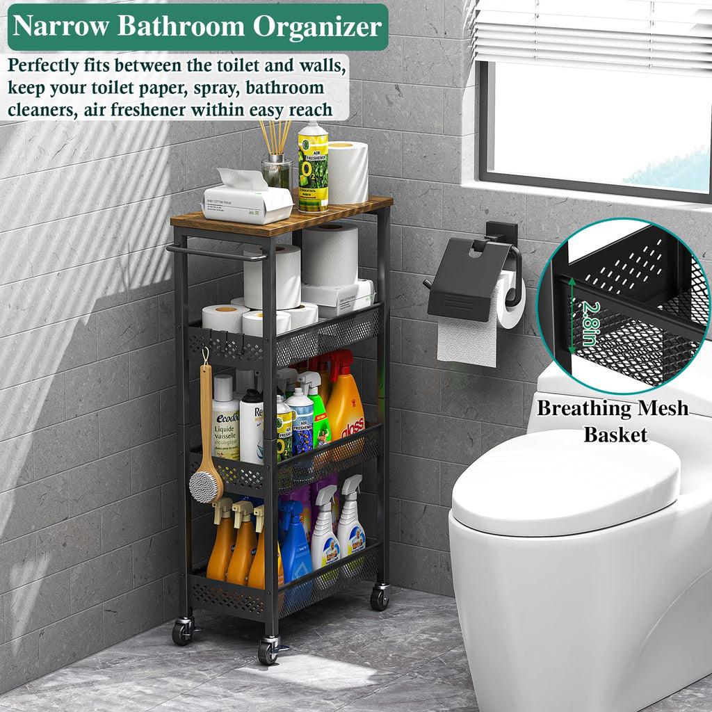 OKZEST 4-Tier Slim Rolling Storage Cart for Bathroom, Laundry Room, Kitchen