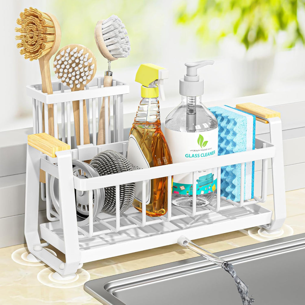 Doasuwish Kitchen Sink Caddy with High Brush Holder,Self-Draining kitchen Countertop