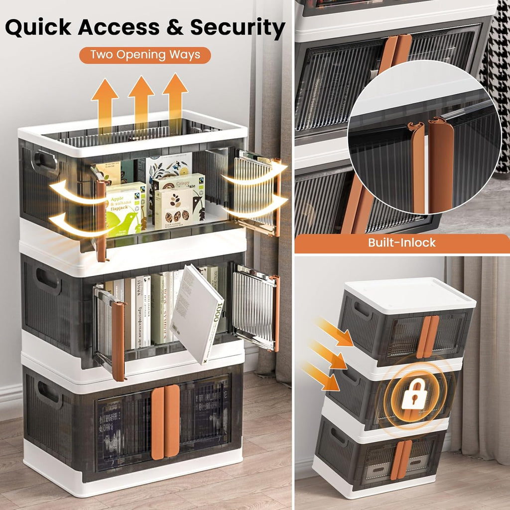 8.4Gal Collapsible Storage Bins with Lids & Wheels - 3 Pack Stackable with Doors, Heavy-Duty