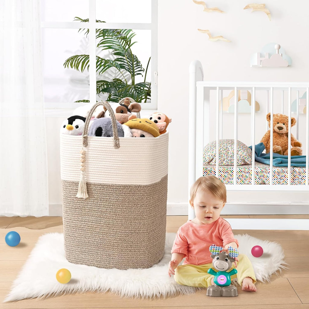 Woven Laundry Basket for Clothes, 80L Large Rectangle Laundry Hampers with Beads Tassel, Nursery