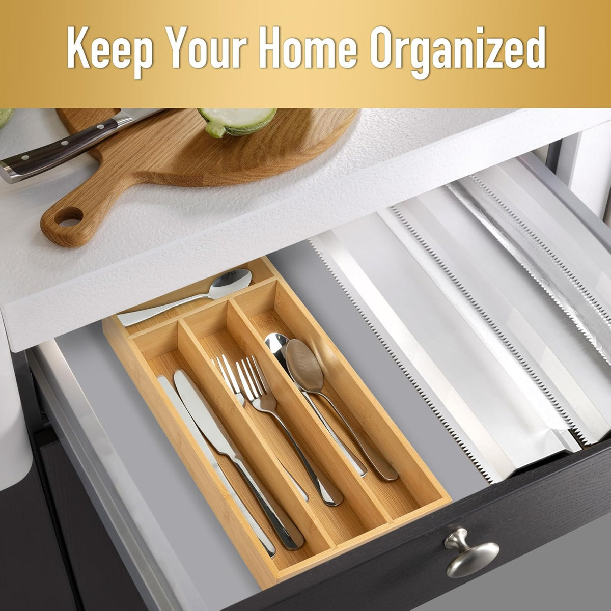 Silverware Organizer - Bamboo Kitchen Drawer Utensil Holder with 4 Slots (Natural)