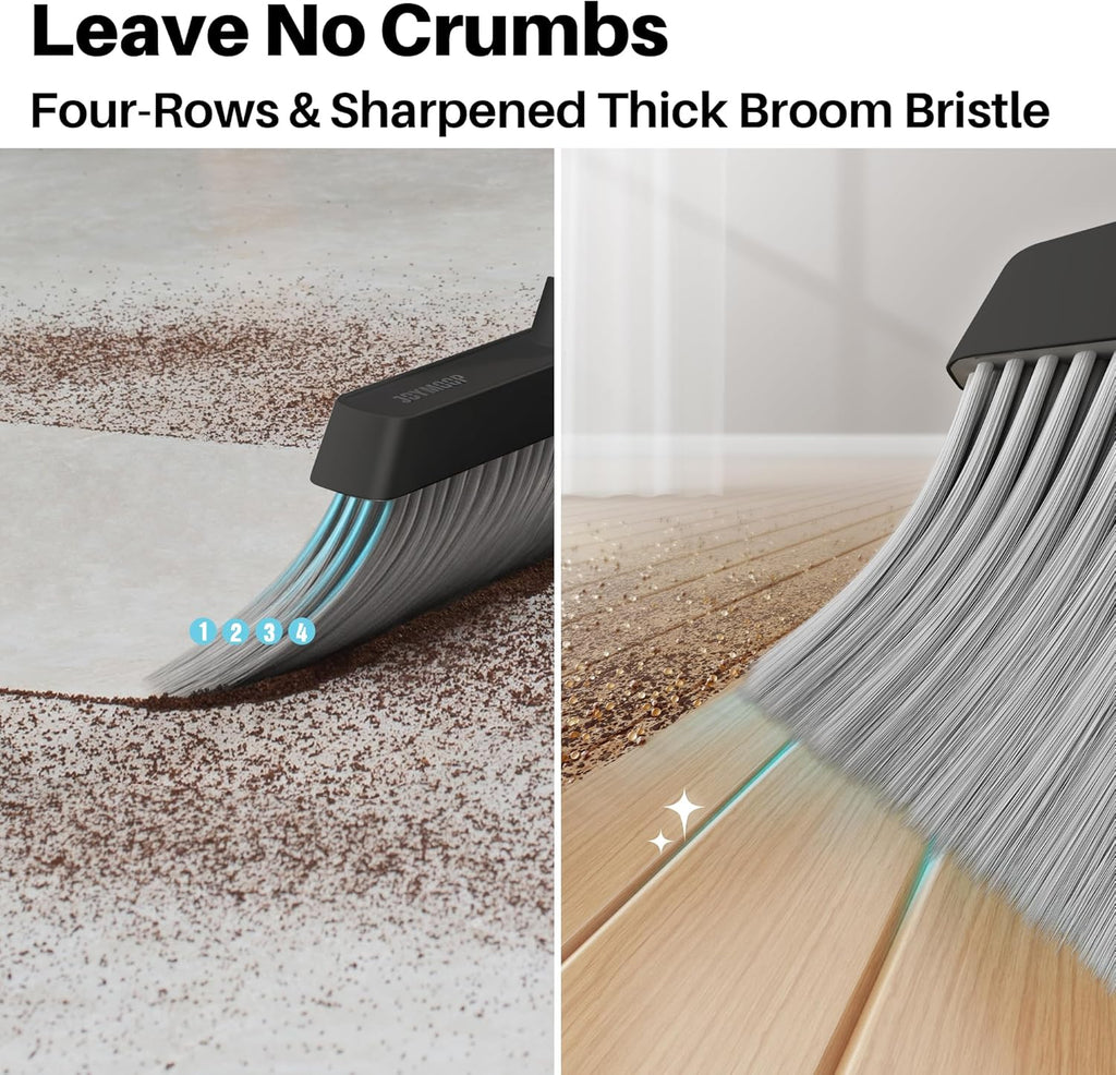 JOYMOOP 2 Pack Broom and Dustpan Set, Black and White Combo, Upright Angle with Built-in Comb Teeth