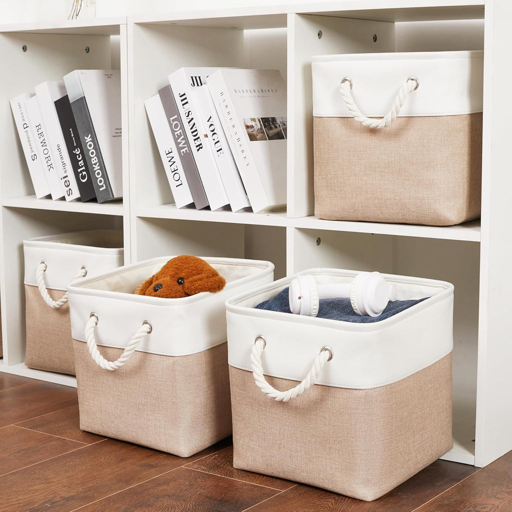 11 x 11 Inch Storage Cubes, 6 Pack Large Collapsible Fabric Storage Bin with Ropes, Foldable