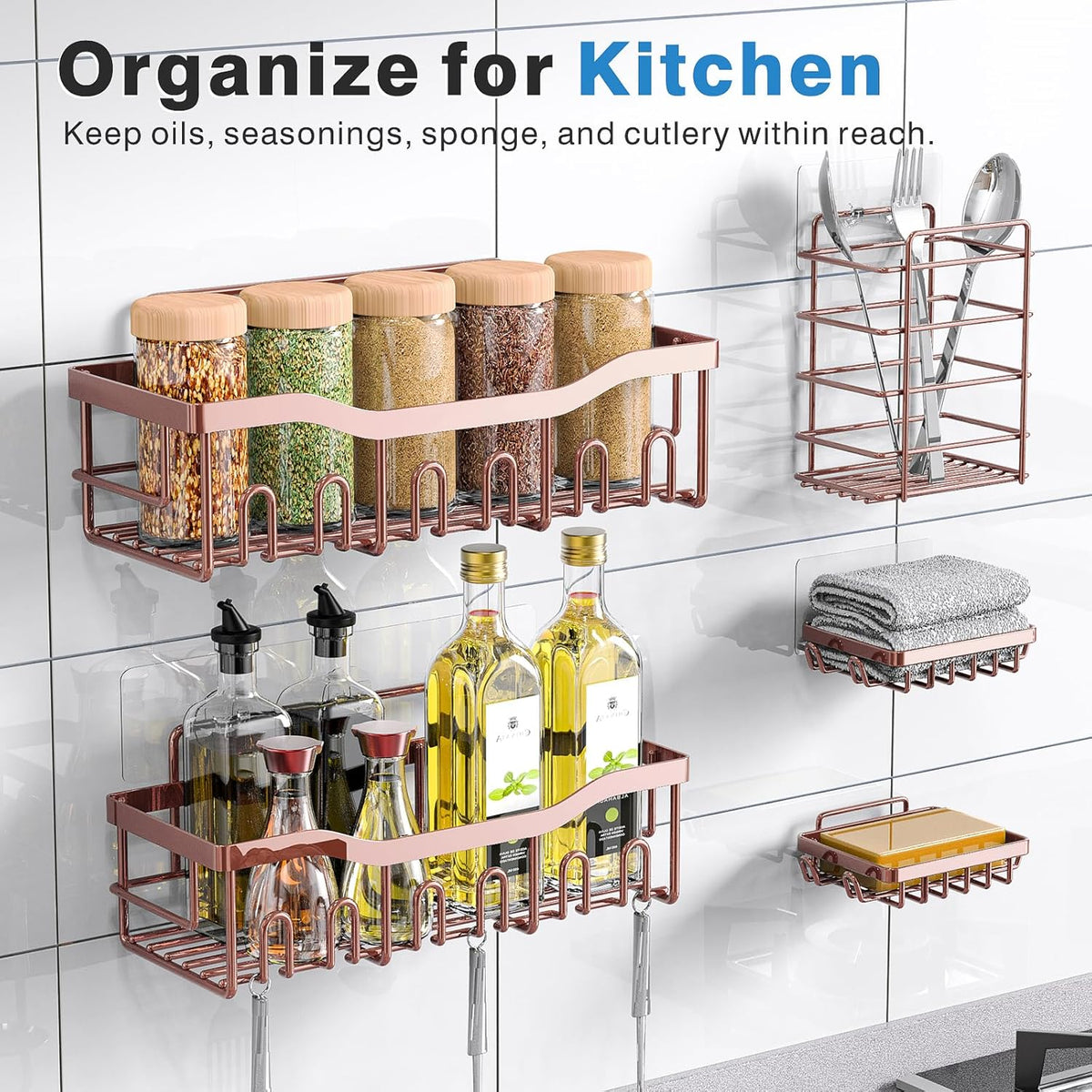 EUDELE 5-Pack Rustproof Stainless Steel Shower Caddy – No Drill Adhesive Bathroom Organizer with