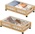 efluky 2-Pack Bamboo Under Bed Storage Containers with Wheels, Under Bed Clothes Storage Basket