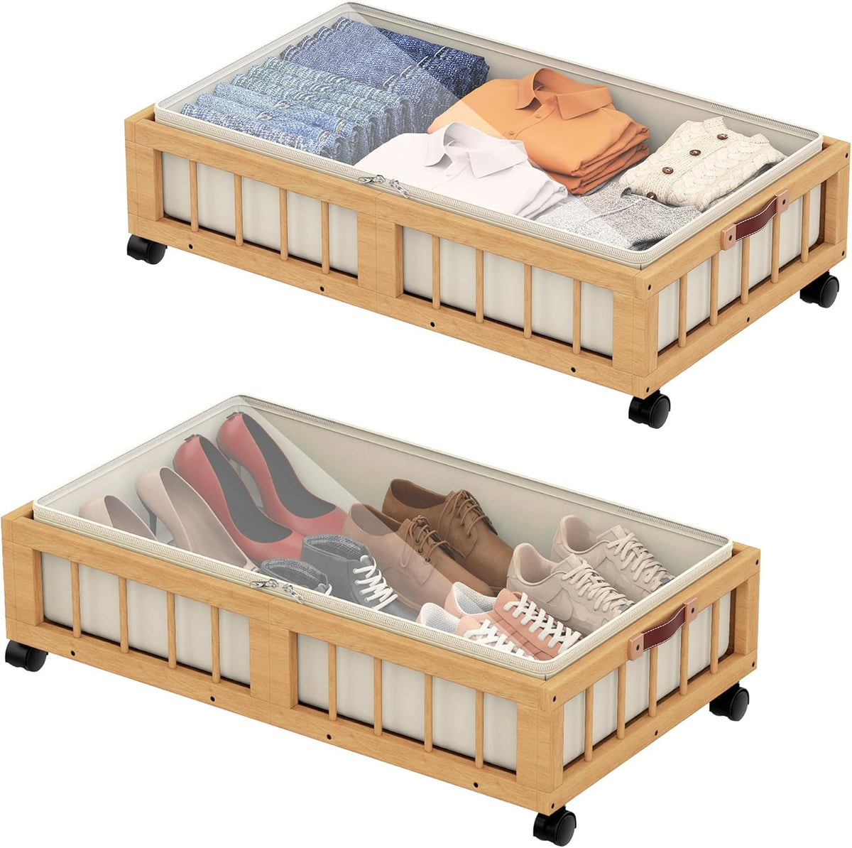 efluky 2-Pack Bamboo Under Bed Storage Containers with Wheels, Under Bed Clothes Storage Basket