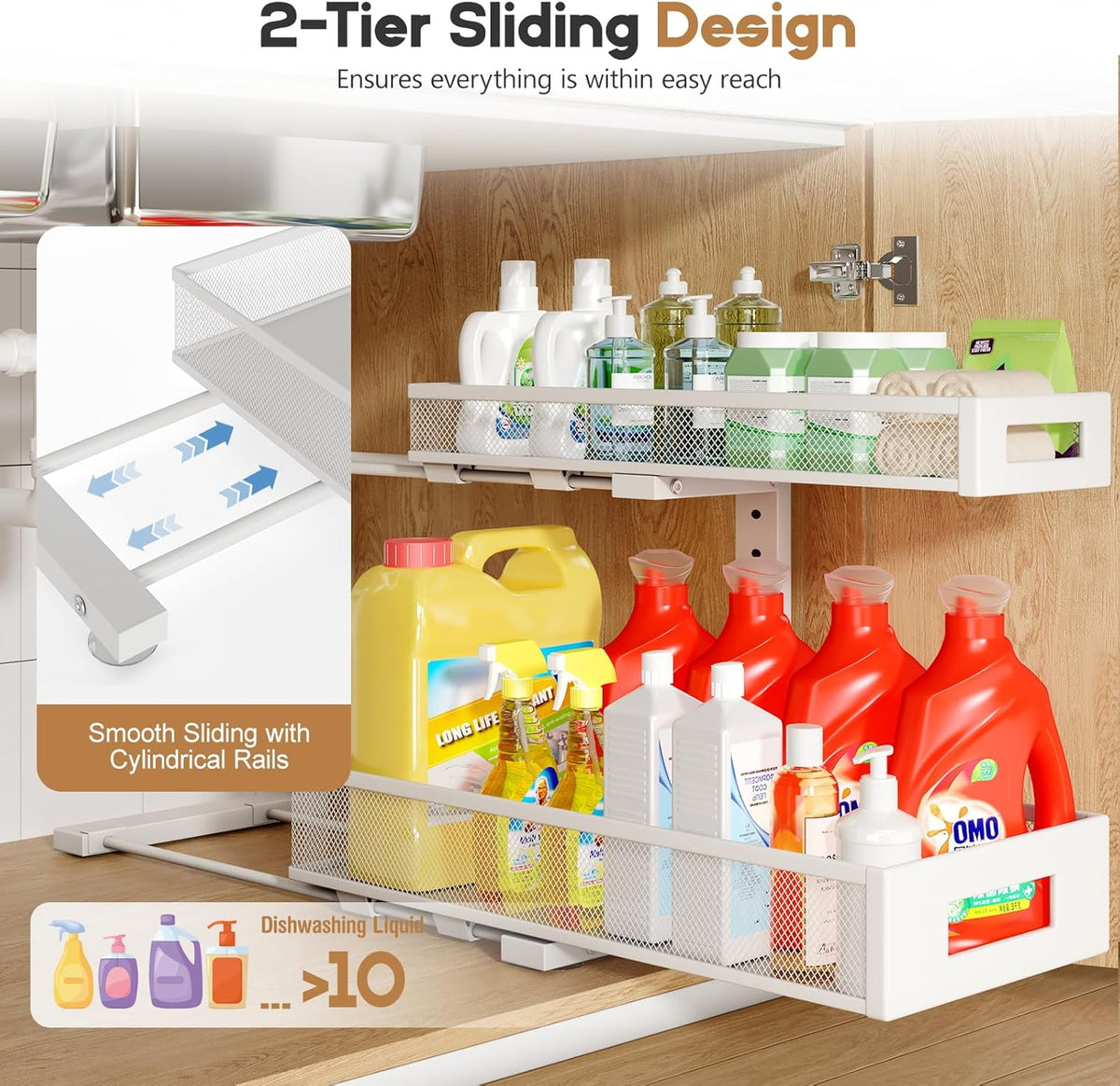 2 Pack 19IN Depth Under Sink Storage Organizer, Large 2-Tier Elegant Mesh Pull Out Shelf for