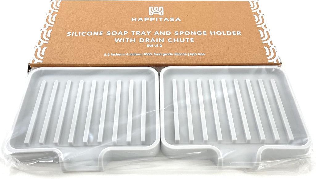 Happitasa Silicone Soap Dish Tray and Sponge Holder with Drain Chute, Pack of 2 | Bathroom and