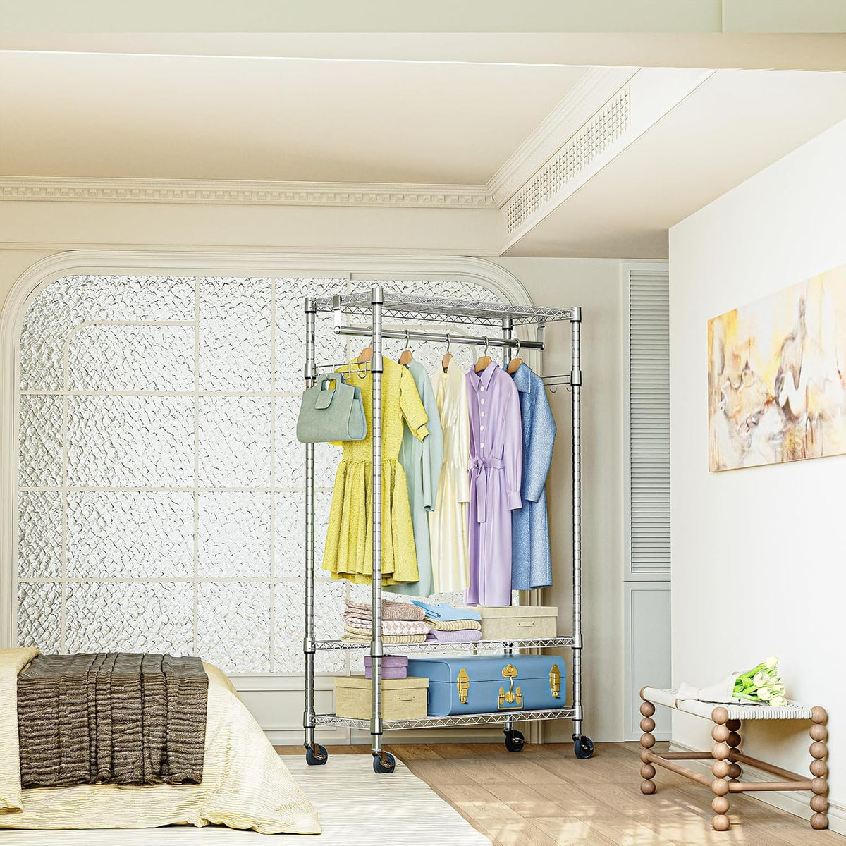 IZEUK Heavy Duty Rolling Garment Rack with 3 Adjustable Wire Shelves, Hanging Rod & Side Hooks
