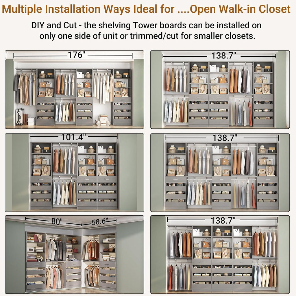 Aheaplus Closet System Set of 3, 138.5" Wood Closet Organizer System Tower with 12 Drawers & 4