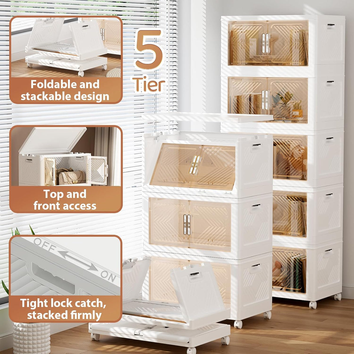 Storage Bins with Lid 76QT, Stackable Storage Containers with Wheels and Magnetic Doors, Plastic