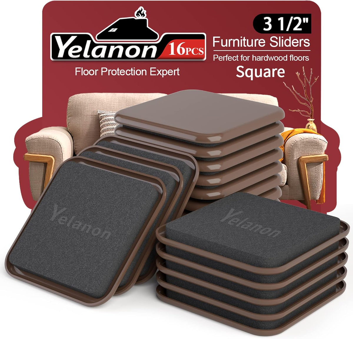 Yelanon Square Furniture Sliders – 16 PCS 3.5" Floor Protectors for Furniture – Strong Furniture