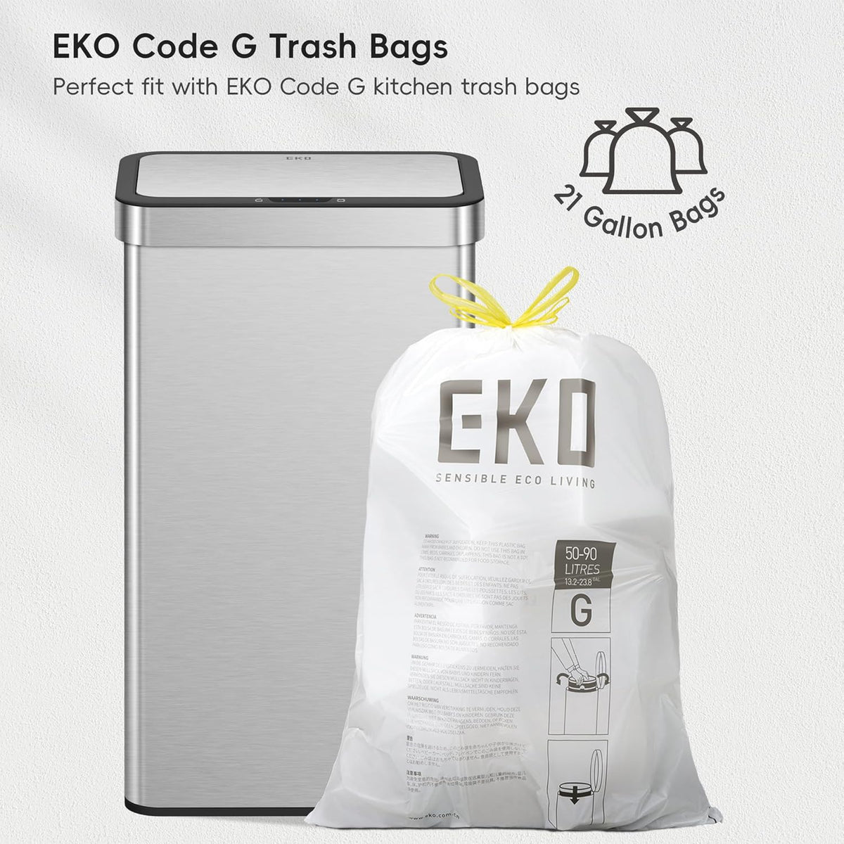 EKO Nova Sensor Trash Can, 21 Gallon/80 Liter Stainless Steel Rectangular Touchless Motion Sensor
