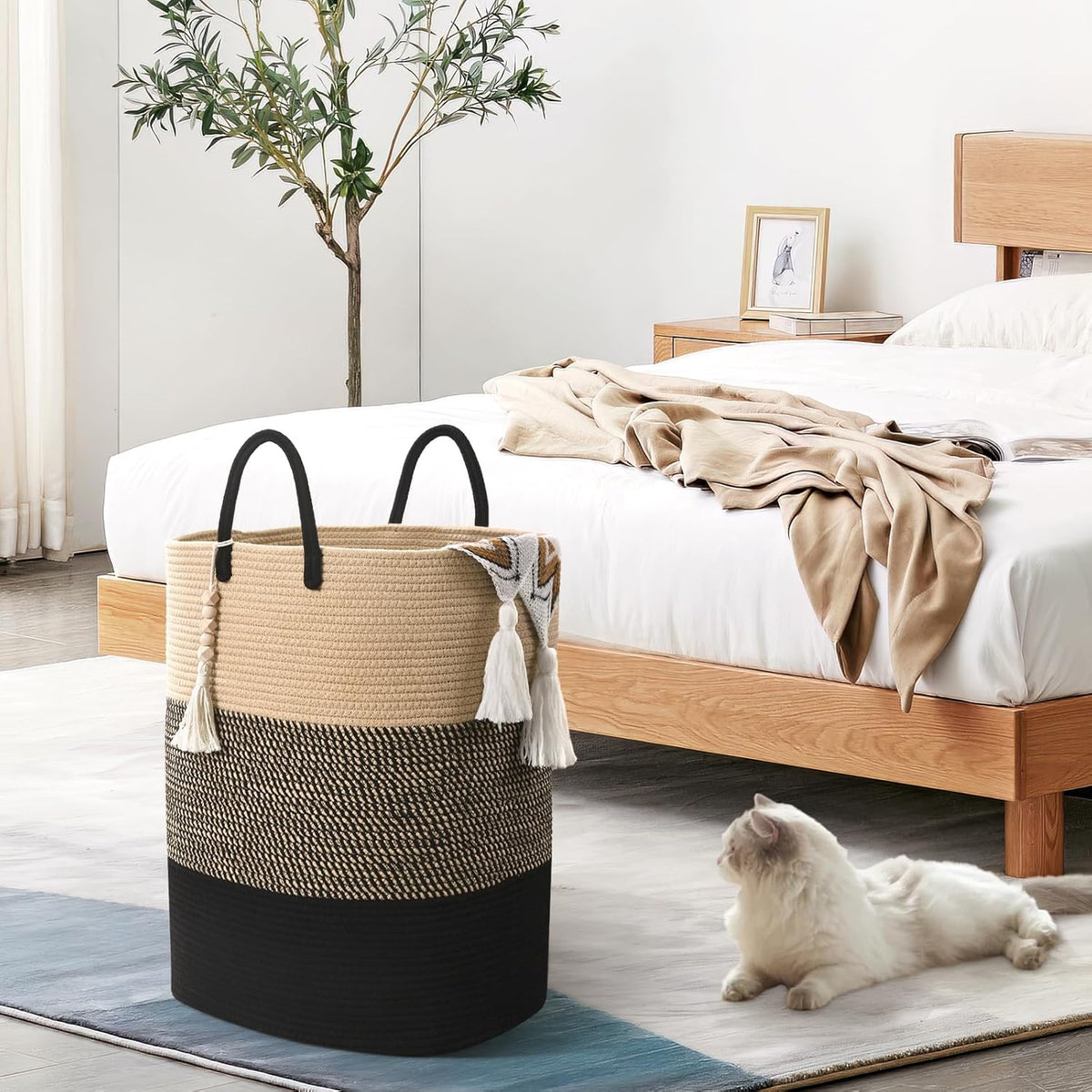 Woven Laundry Basket for Clothes, 80 L Large Rectangle Laundry Hampers with Beads Tassel, Nursery