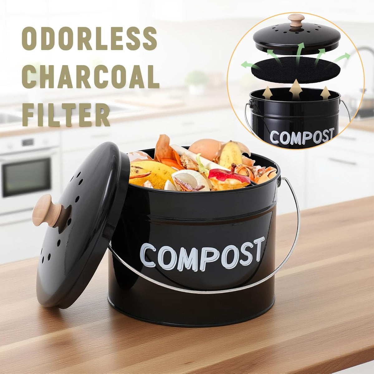 Compost Bin for Kitchen Counter, 1 Gallon Compost Bucket with Lid and Charcoal Filter, Countertop