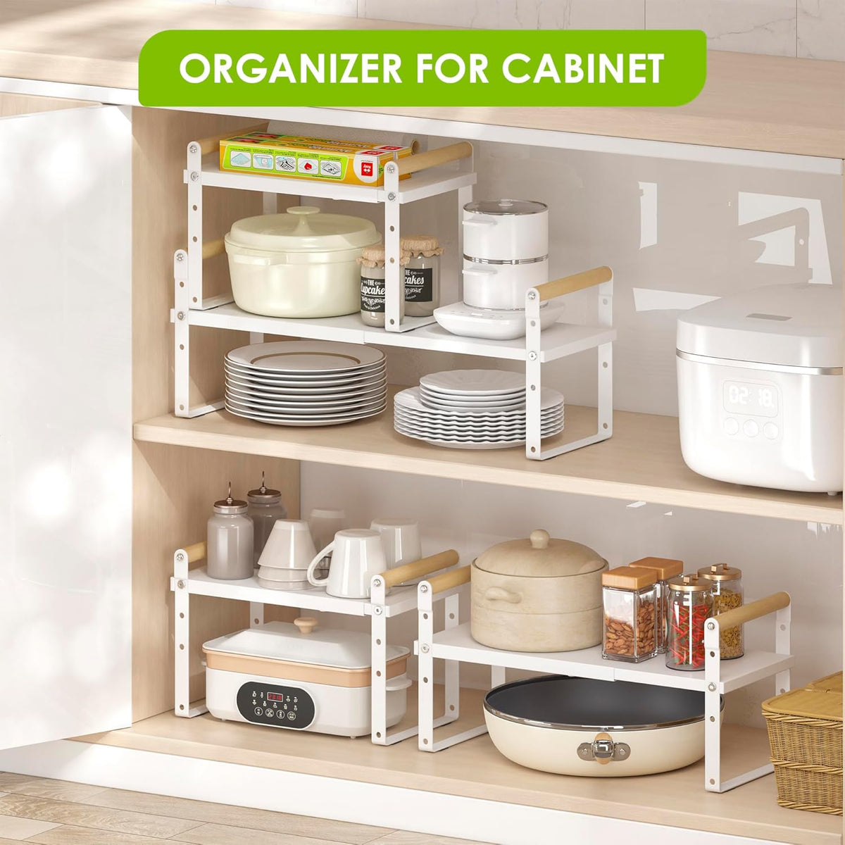 DOLALIKE Expandable kitchen Countertop Organizer, Stackable Cabinet Shelf Organizers, Space Saving