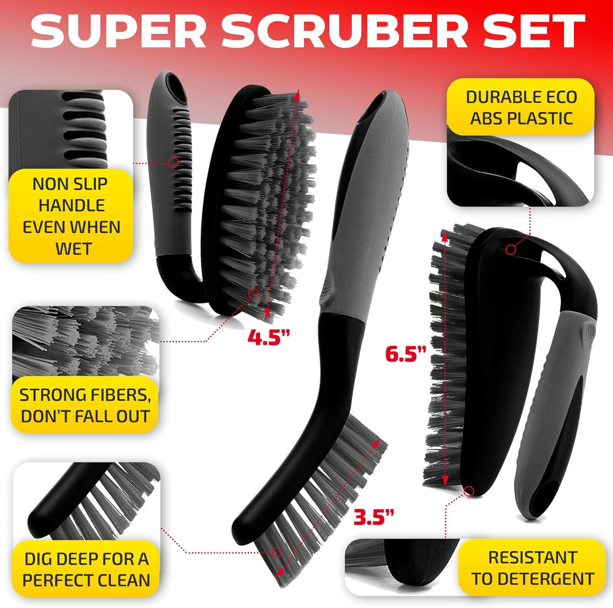 Scrub Brush Set of 6 pcs - Cleaning Shower Scrubbers with Squeegee for Shower Glass and Adhesive