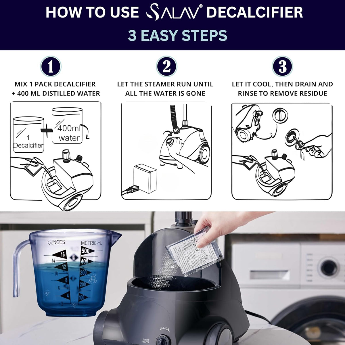 SALAV Garment Steamer Descaler/Decalcifier Packets for Mineral Deposits and Build-up Removal