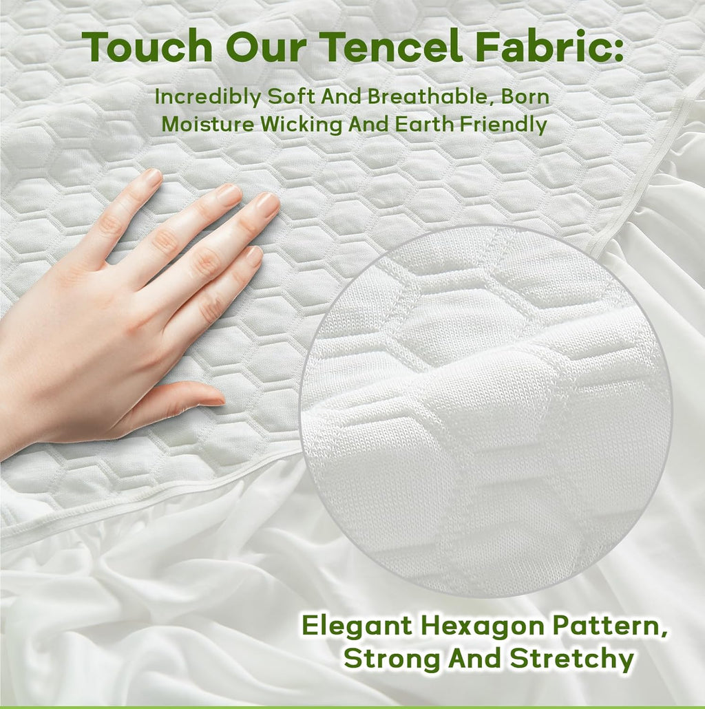 Premium Tencel Full Size Mattress Protector Cover in White, Natural and Skin Soft, Waterproof and