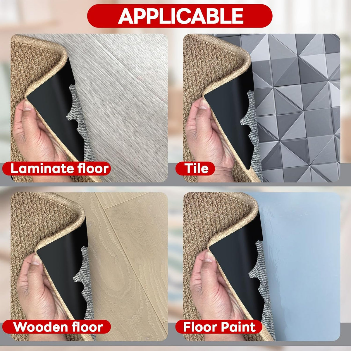 Rug Non Slip Grippers, Reusable Rug Tape Pads for Hardwood Floors, Strong Carpet Gripper for Area