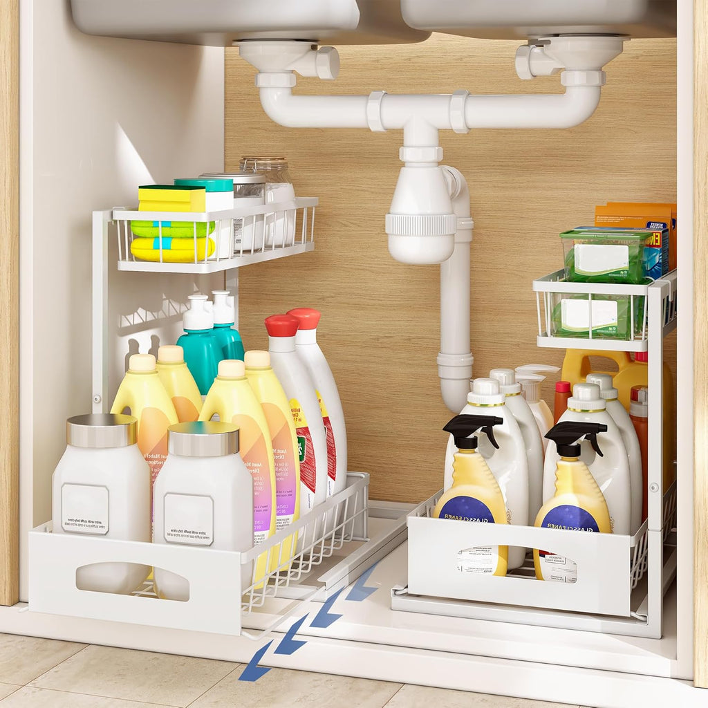 Under Sink Organizer, 2 Pack Height Adjustable Cabinet Organizer with Slide Out Drawer, Pull Out