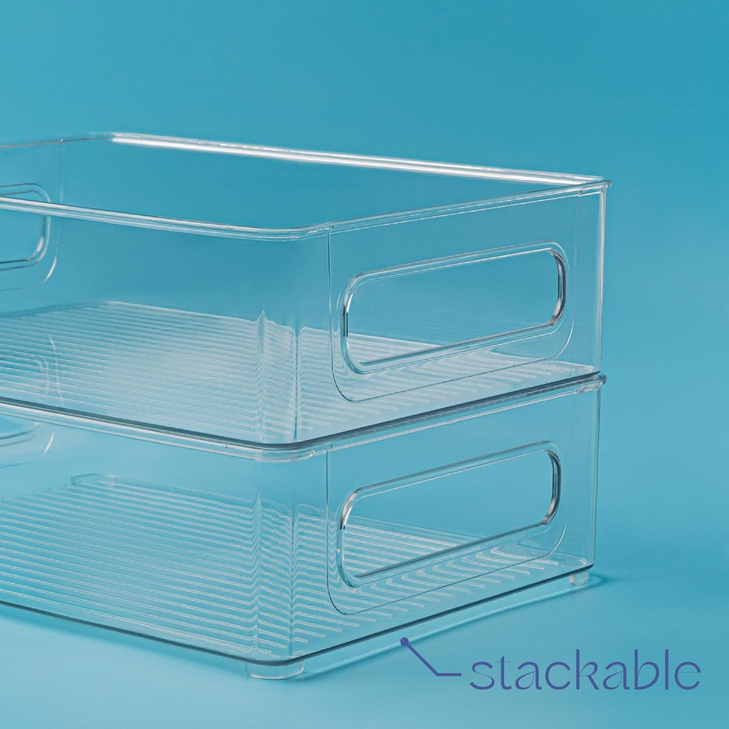 Plastic Food Storage 6 Pack Clear Container Bin with Handles for Organizing Kitchen, Pantry