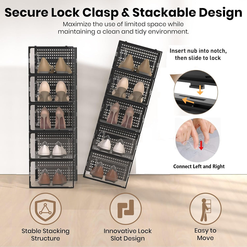 12 Pack XX-Large Modular Clear Plastic Stackable Shoe Storage Organizer for Closet, Space Saving