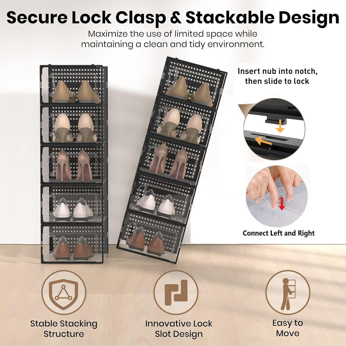 12 Pack XX-Large Modular Clear Plastic Stackable Shoe Storage Organizer for Closet, Space Saving