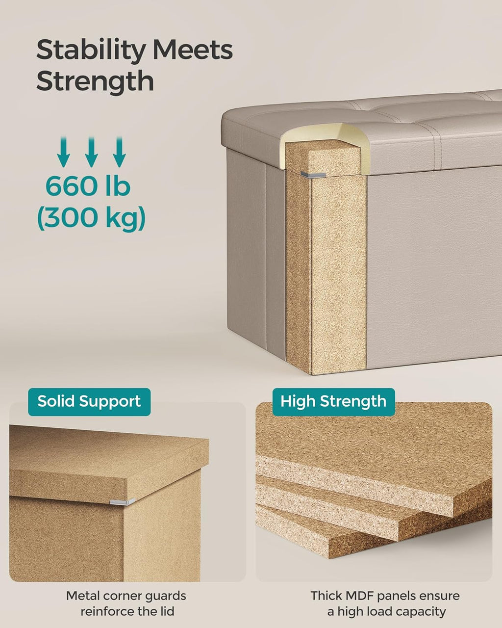 SONGMICS Mazie Collection - 43 Inches Folding Storage Ottoman Bench, Ottoman with Storage, Foot