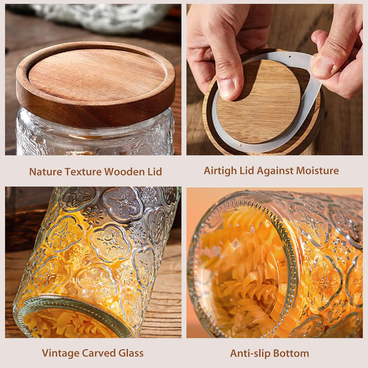 34 OZ/2 PCS Glass Storage Jar with Airtight Bamboo Wooden Lids, Vintage Food Containers Canisters
