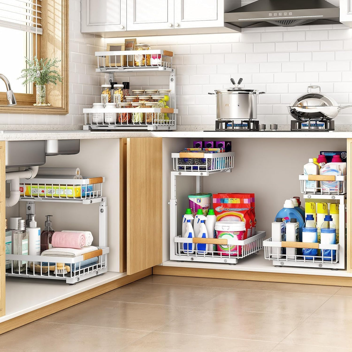 PXRACK 1 Pack Under Sink Organizer,Adjustable Height,2 Tier Pull Out Under Cabinet Organizer,Slide