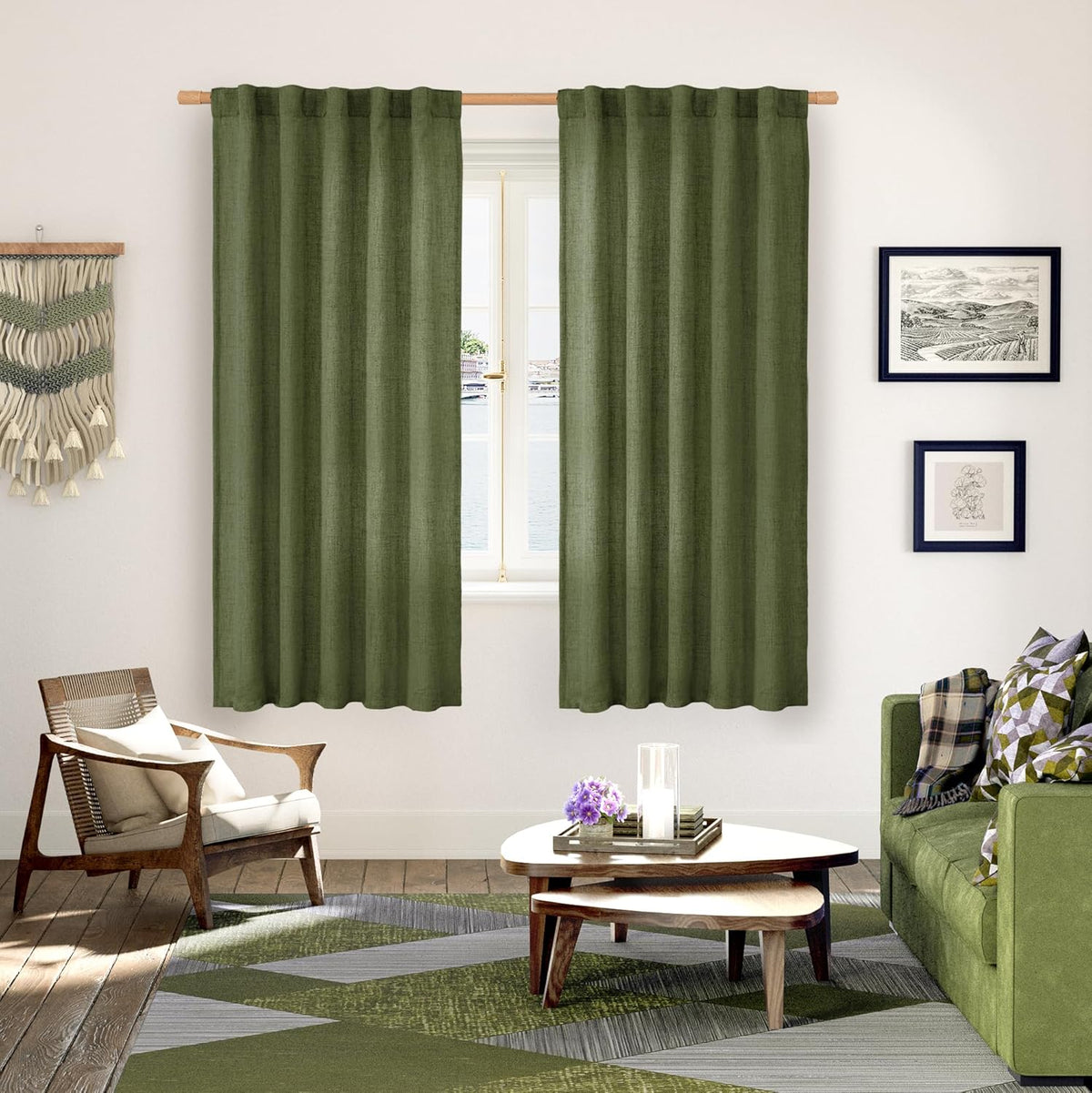 YoungsTex Olive Green Linen Curtains for Living Room 72 Inch Length, Light Filtering Rod Pocket