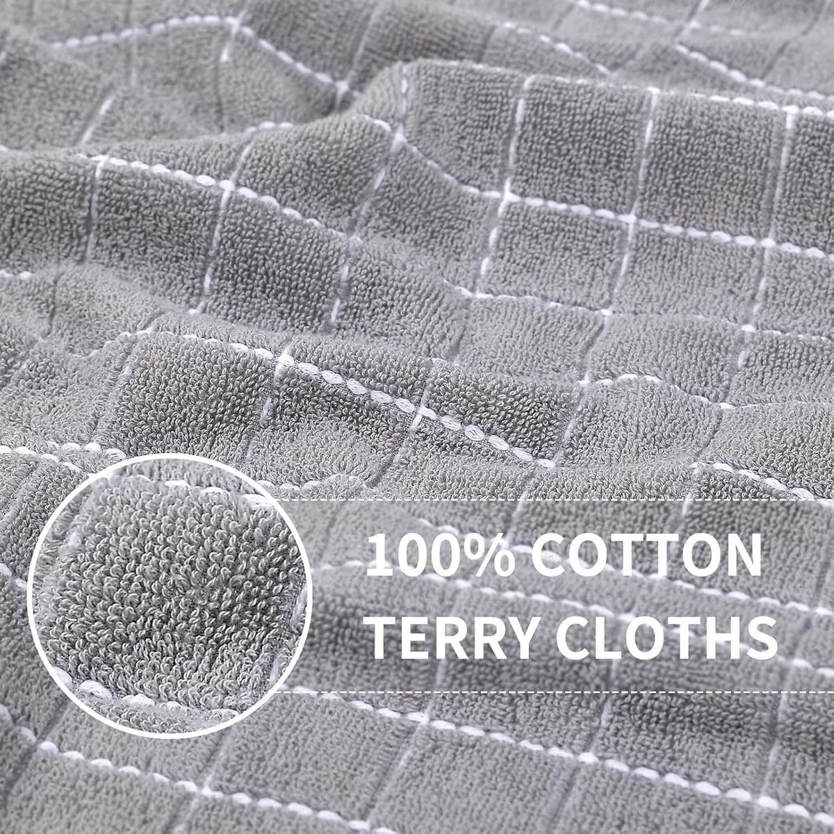 Homaxy 100% Cotton Terry Kitchen Towels(White and Light Grey, 13 x 28 Inches), Checkered Designed